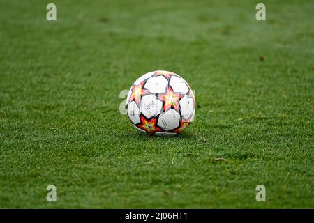 Saint Germain En Laye, France. 16th Mar, 2022. Illustration picture shows the official Adidas Champions League ball on the soccer field during the UEFA Youth League (U19), Quarter-finals football match between Paris Saint-Germain (PSG) and RB Salzburg (FC) on March 16, 2022 at Georges Lefevre stadium in Saint-Germain-en-Laye, France - Credit: Victor Joly/Alamy Live News Stock Photo