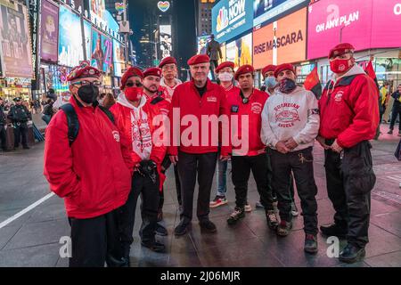 New York, USA. 16th Mar, 2022. Curtis Sliwa and members of Guardian Angels attend Justice for Asian Women Rally on Times Square in New York on March 16, 2022. In the last two years since COVID-19 pandemic started there was a spike in hate crimes against asian people especially women. (Photo by Lev Radin/Sipa USA) Credit: Sipa USA/Alamy Live News Stock Photo