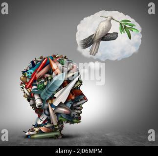 Dream of no war concept as a group of weapons and bombs or explosive devices shaped as a human head dreaming of peace as a dove with an olive branch. Stock Photo