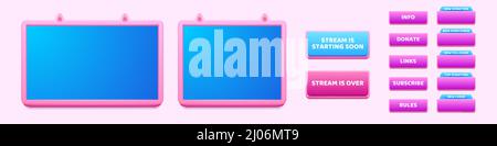 Live streaming background, online multimedia player windows and buttons. User interface pink and blue colors. Social media channel, video blogging broadcasting live stream, Cartoon vector illustration Stock Vector