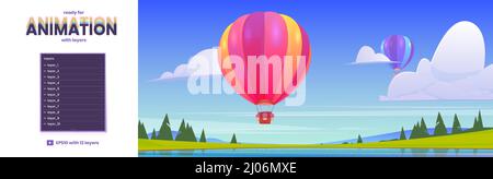 Hot air balloons flying above lake and forest. Vector parallax background ready for 2d animation with cartoon illustration of summer landscape with colorful airships with baskets Stock Vector