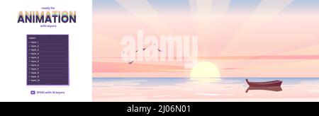 Sea landscape with wooden boat and rising sun on horizon at morning ...