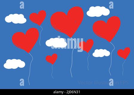 Heart shaped red balloons with with balloon threads and clouds against blue sky. Vector illustration according to the concept of simplicity Stock Vector