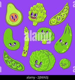 Hand drawn trendy cartoon veggies set, vector Stock Vector