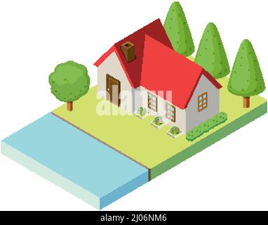 Isometric a house on land with tree  illustration Stock Vector
