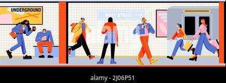 People at subway platform with train leaving metro station. Passengers stand, walk or sit at underground tunnel. Tourists and citizen characters use urban public transport Line art vector illustration Stock Vector