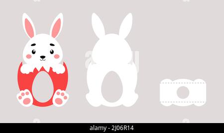 Party favor bunny chocolate egg holder. Printable color scheme. Print, cut out, glue. Retail paper box for the easter egg. Vector stock illustration Stock Vector