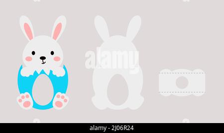 Cute easter bunny chocolate egg holder. Retail paper box for the easter egg. Printable color scheme. Print, cut out, glue. Vector stock illustration Stock Vector