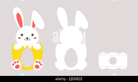 Party favor bunny chocolate egg holder. Retail paper box for the easter egg. Printable color scheme. Print, cut out, glue. Vector stock illustration Stock Vector