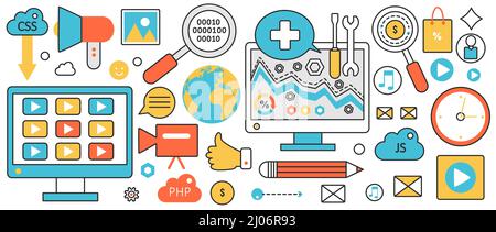 Mobile web site development. Process with digital marketing tools, programming language, responsive user interface, global search and consulting in infographic concept banner, thin line art design Stock Vector