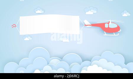Flying helicopter with empty advertising banner vector concept in paper art origami style. Template for a text web banners, paper cut craft design Stock Vector