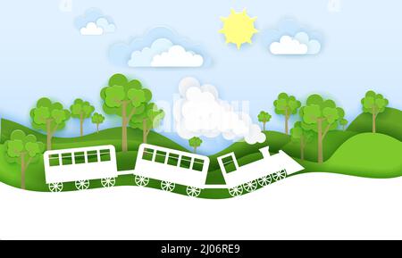 Train travels through forest vector illustration in paper art origami style. Travel concept paper cut design Stock Vector