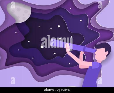Kid is looking the stars with telescope. Universe discovery vector concept in paper art style. Origami paper cut design. Stock Vector