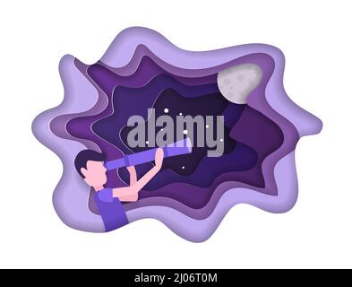 Kid is looking the stars with telescope. Universe discovery vector concept in paper art style. Origami paper cut design. Stock Vector