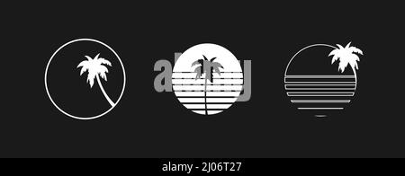 Set of retrowave design elements, sunsets. Sun with palm trees and stripes. Pack of retrowave 1980s style design elements. Vector illustratio Stock Vector