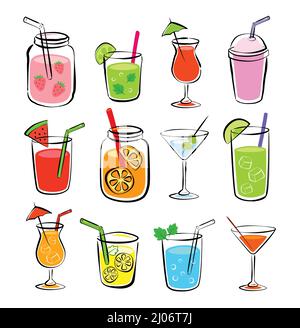 Tropical drinks summer set menu. Cold drinks with hand drawn illustration. Fruit smoothie, cocktails, alcoholic drinks. Stock Vector