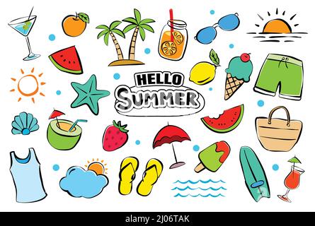 Hello summer elements set doodle on white background. Summer hand drawn symbols and objects. Stock Vector