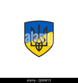 The Small Coat of Arms of Ukraine. Shield and trident made of yellow and blue flag. Stock vector illustration isolated on white background. Stock Vector