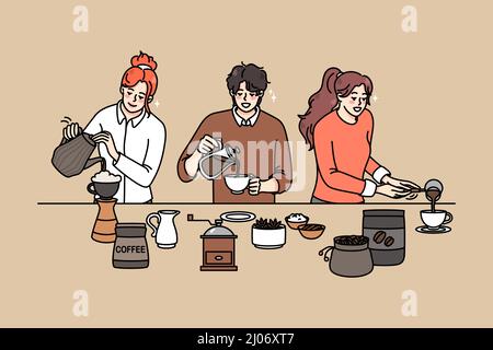 Diverse people making coffee in various ways. Men and women baristas prepare hot beverage in coffee machine. Alternative coffee preparation. Flat vector illustration.  Stock Vector