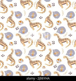 Seamless pattern with cute dinosaurs in space. Dinosaurs dreaming of a rocket, drawn in a flat style on a white background. Planets and dinosaurs. Rep Stock Vector
