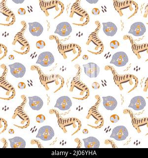 Seamless pattern with cute dinosaurs in space. Dinosaurs dreaming of a rocket, drawn in a flat style on a white background. Planets and dinosaurs. Rep Stock Vector