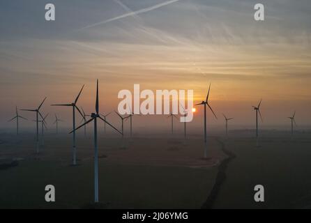 Jacobsdorf, Germany. 16th Mar, 2022. Sunset over wind turbines in the wind farm 'Odervorland' in the district Oder-Spree in East Brandenburg (aerial view with a drone). The state of Brandenburg ranks second among the German states with the largest installed capacity of wind turbines. Thus, a good third of the electricity demand is generated from wind. With more than 7,400 megawatts (MW) of total installed capacity, Brandenburg now ranks second after Lower Saxony. Credit: Patrick Pleul/dpa-Zentralbild/ZB/dpa/Alamy Live News Stock Photo