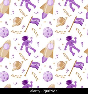 Seamless pattern with astronauts in space, drawn elements in flat style. People in outer space. Planets, stars and rocket. Flag. Vector in cartoon sty Stock Vector