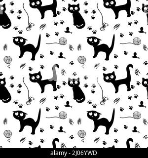 Seamless pattern with black cats, drawn elements in doodle style on a light background. Vector is made in a flat style. Black cats in different poses Stock Vector