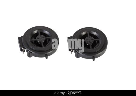 Tweeter speaker of an acoustic system - an audio for playing music in a car interior on a white isolated background in a photo studio. Spare parts for Stock Photo