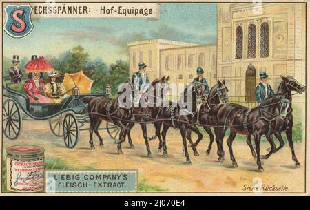 Serie Kutschen und Gespanne, Sechsspänner, Hof-Equipage  /  Series carriages and carriages, six-in-hand, court equipage, digital improved reproduction of a collectible image from the Liebig company, estimated from 1900, pd  /  digital verbesserte Reproduktion eines Sammelbildes von ca 1900, gemeinfrei Stock Photo