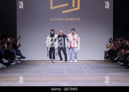 Berlin, Germany. 16th Mar, 2022. Berlin Fashion Week: Designer Elias Rumelis is on the catwalk at his show at Kraftwerk Berlin. Credit: Gerald Matzka/dpa/Alamy Live News Stock Photo