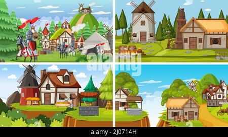 Set of different scene medieval illustration Stock Vector