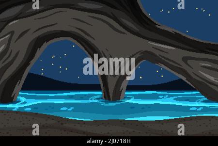 Sea cave at night background in cartoon style illustration Stock Vector