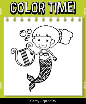 Worksheets template with color time text and Mermaid outline illustration Stock Vector