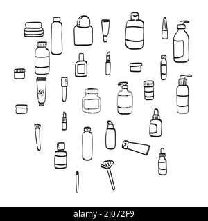 cosmetics set illustration vector hand drawn isolated on white background line art. Stock Vector