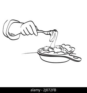 closeup hand using fork to eat pasta illustration vector hand drawn isolated on white background line art. Stock Vector