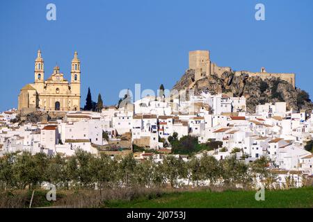 The white village Olvera with castle and church Nuestra Señora de la Encarnacion, Olvera, pueblo blanco, Cadiz province, Andalusia, Spain Stock Photo