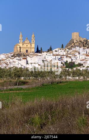 The white village Olvera with castle and church Nuestra Señora de la Encarnacion, Olvera, pueblo blanco, Cadiz province, Andalusia, Spain Stock Photo