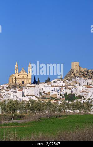 The white village Olvera with castle and church Nuestra Señora de la Encarnacion, Olvera, pueblo blanco, Cadiz province, Andalusia, Spain Stock Photo