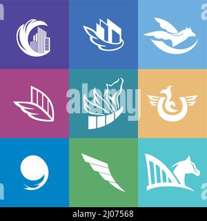 Real estate, travel identity with pegasus and buildings for design Stock Vector