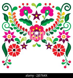 Mexican traditional folk art style vector greeting card or invitation design with red and pink flowers, vibrant pattern inspired by embroidery from Me Stock Vector