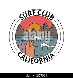 A hand-drawn badge with surfboards, ocean, mountains and an inscription in a circle. For t-shirt prints, posters and other uses. Stock Vector