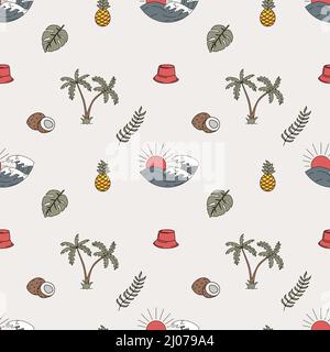 Hand drawn vector seamless pattern. Waves, palm trees, pineapples, leaves and coconuts. Stock Vector