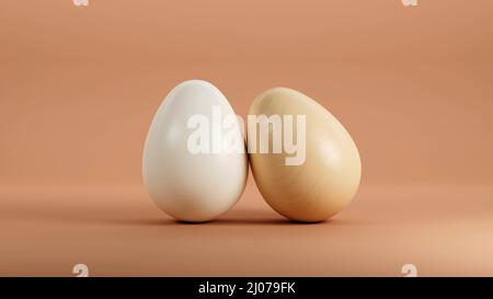 Chicken white and brown eggs isolated on orange background. 3d render Stock Photo