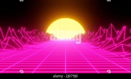 Retro neon sunset. Vaporwave vintage 3D neon landscape.3d render Stock Photo