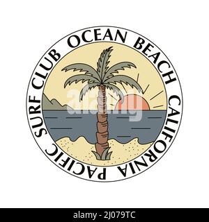 A hand-drawn badge with a palm tree, surfboards and the ocean. For t-shirt prints, posters and other uses. Stock Vector