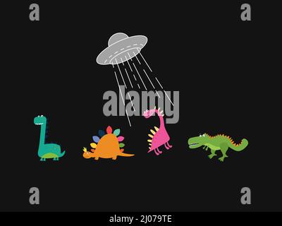 Cute doodle dinosaurs and UFOs. Flat vector illustration for t-shirt prints, posters and other uses. Stock Vector