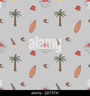 Hand drawn vector seamless pattern. Surfboards, hats, palm trees and coconuts. Stock Vector