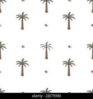 Hand-drawn vector seamless pattern with palm trees and coconuts. Stock Vector