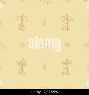Hand drawn vector seamless pattern. Surfboards, waves, palm trees and coconuts. Stock Vector